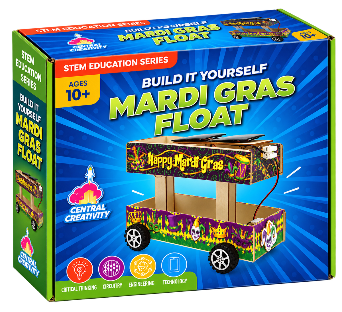 The Mardi Gras Float box, printed STEM EDUCATION SERIES and BUILD IT YOURSELF MARDI GRAS FLOAT over a blue burst, with the built float pictured on the front, an AGES 10+ flash and four skill icons reading Critical Thinking, Circuitry, Engineering and Technology.