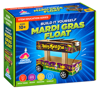 The Mardi Gras Float box, printed STEM EDUCATION SERIES and BUILD IT YOURSELF MARDI GRAS FLOAT over a blue burst, with the built float pictured on the front, an AGES 10+ flash and four skill icons reading Critical Thinking, Circuitry, Engineering and Technology.