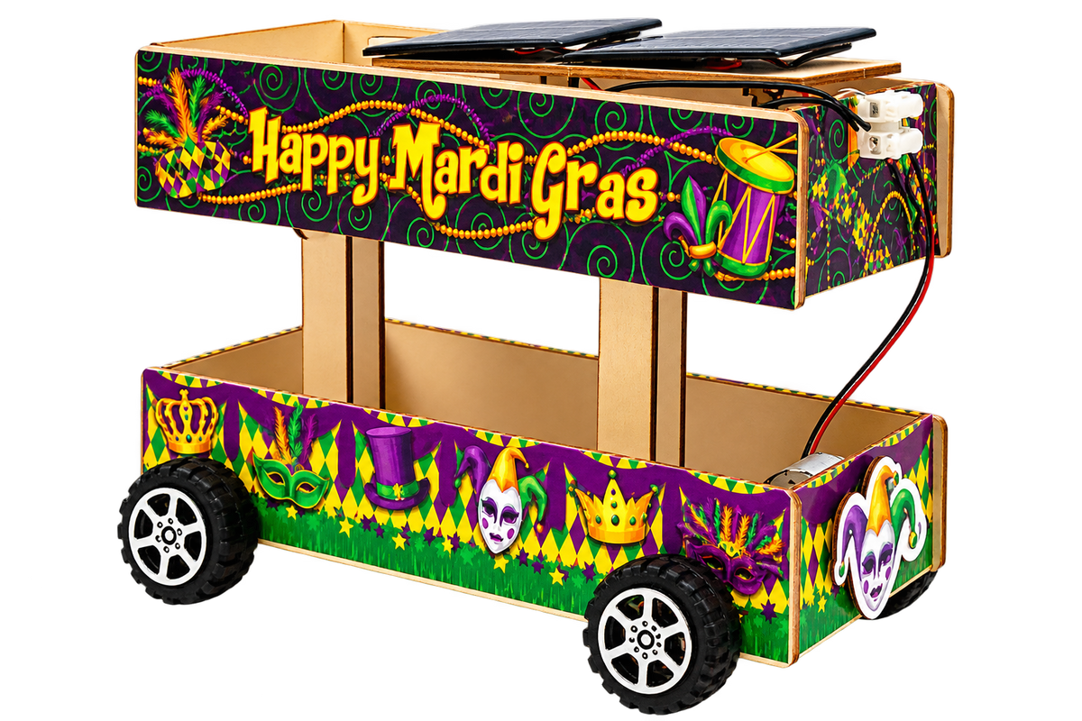 The finished float, a two-deck wooden cart on four rubber wheels, its upper deck reading Happy Mardi Gras and its lower deck wrapped in purple, green and gold jesters, masks and crowns, with two solar panels mounted on the roof and wired down to the motor.