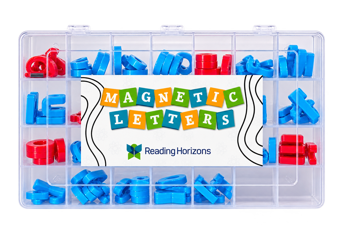 The closed storage case photographed straight on against a gray background, thick plastic magnetic letters sorted into its compartments in blue and red, with a white label card across the front reading MAGNETIC LETTERS above the Reading Horizons logo.