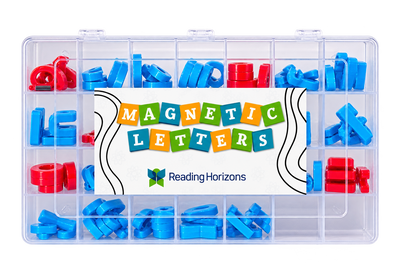 The closed storage case photographed straight on against a gray background, thick plastic magnetic letters sorted into its compartments in blue and red, with a white label card across the front reading MAGNETIC LETTERS above the Reading Horizons logo.