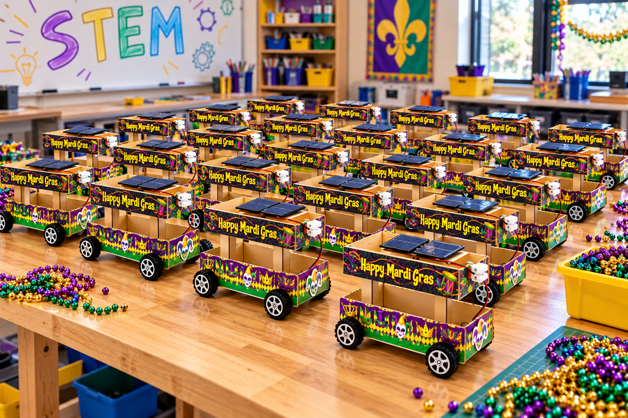 Rows of finished Mardi Gras floats lined up across a classroom worktable, each one reading Happy Mardi Gras on its upper deck with solar panels on the roof, beads spilled across the table and heaped in a bin at the edge, and STEM chalked on the board behind.