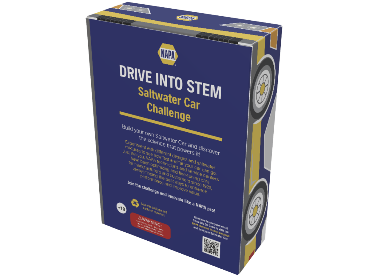 The NAPA Drive Into STEM Saltwater Car Challenge kit, a navy box with NAPA branding and a yellow tire-tread side panel.