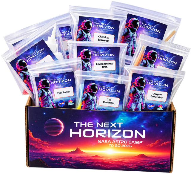 The NASA ASTRO CAMP TO GO 2026 kit box, printed THE NEXT HORIZON against a purple and orange alien sunrise, with a dozen clear zip bags fanned above it, each labeled for one activity: Chemical Seaweed, Environmental DNA, Fuel Factor, Tin Dendrites, Oxygen Generator.