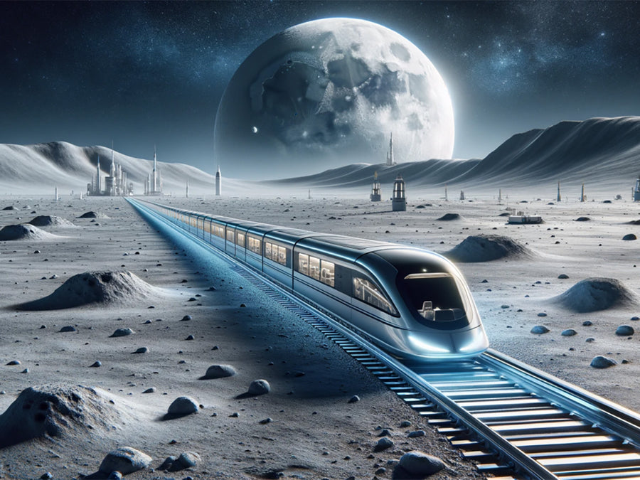 An illustration of a sleek passenger train running on a rail line laid across a gray crater field, with slender towers on the far horizon and a large cratered moon low in a star-filled sky.