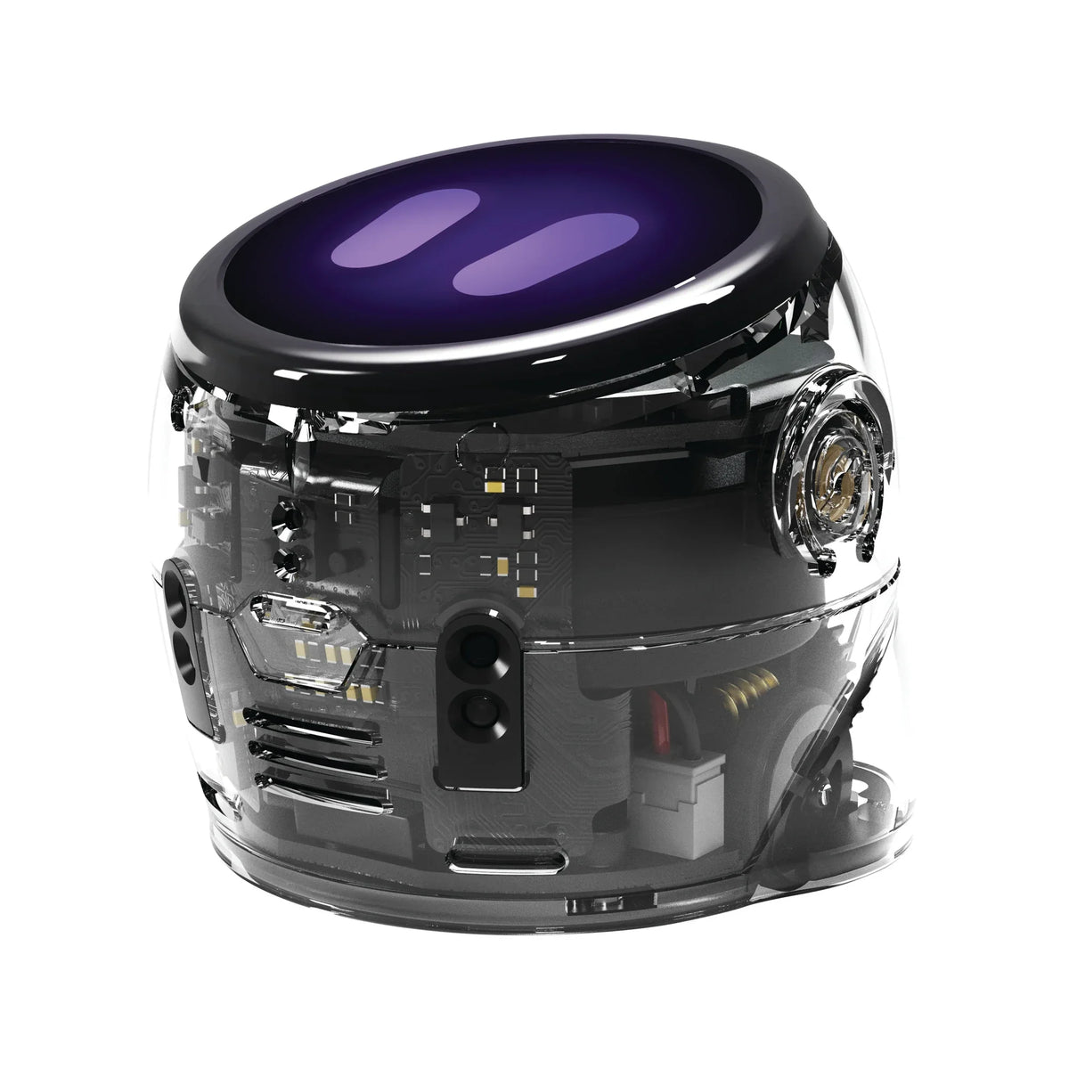 The Ari robot alone on white: a clear domed shell with its circuit board visible through it, and a dark round touchscreen on top showing two pale purple eyes.