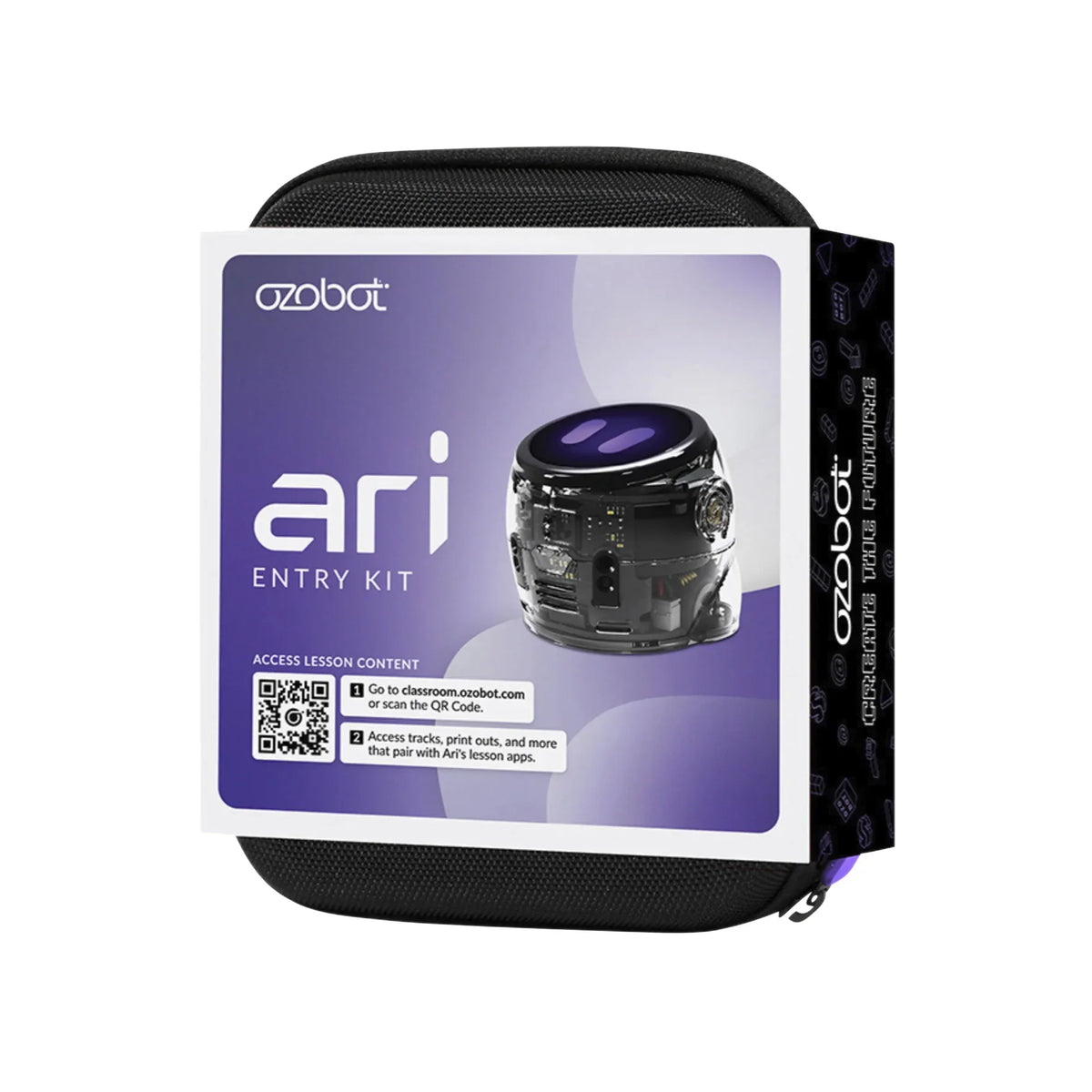 The Ari Entry Kit as it ships: a black zip case in a purple ozobot sleeve printed with a photograph of the robot and a QR code for the lesson content.