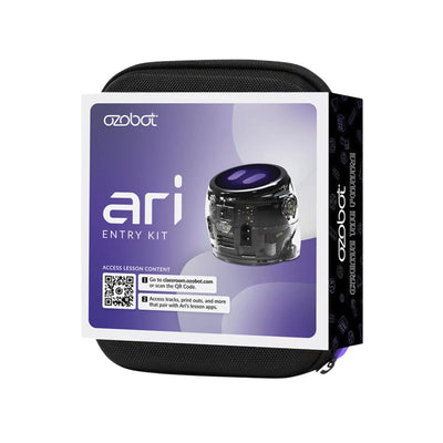The Ari Entry Kit as it ships: a black zip case in a purple ozobot sleeve printed with a photograph of the robot and a QR code for the lesson content.