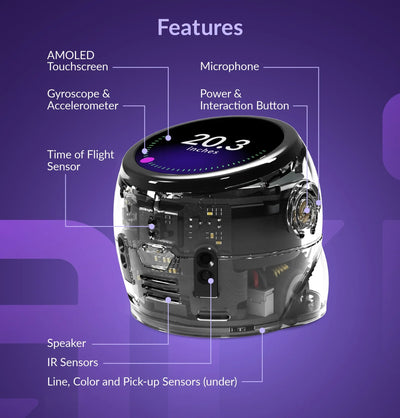 Ozobot's labelled diagram of Ari: AMOLED touchscreen, microphone, power and interaction button, gyroscope and accelerometer, time of flight sensor, speaker, infrared sensors, and line, color and pick-up sensors underneath. The screen reads 20.3 inches.