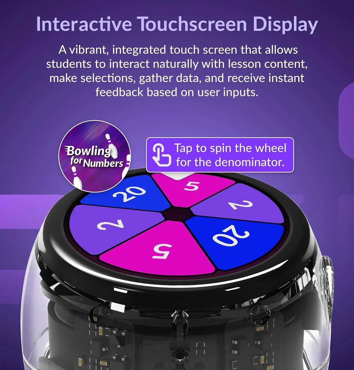 Ozobot's Interactive Touchscreen Display card: an Ari robot seen from above, its screen showing a six-segment spinner of numbers for a Bowling for Numbers lesson, with a prompt to tap to spin the wheel for the denominator.