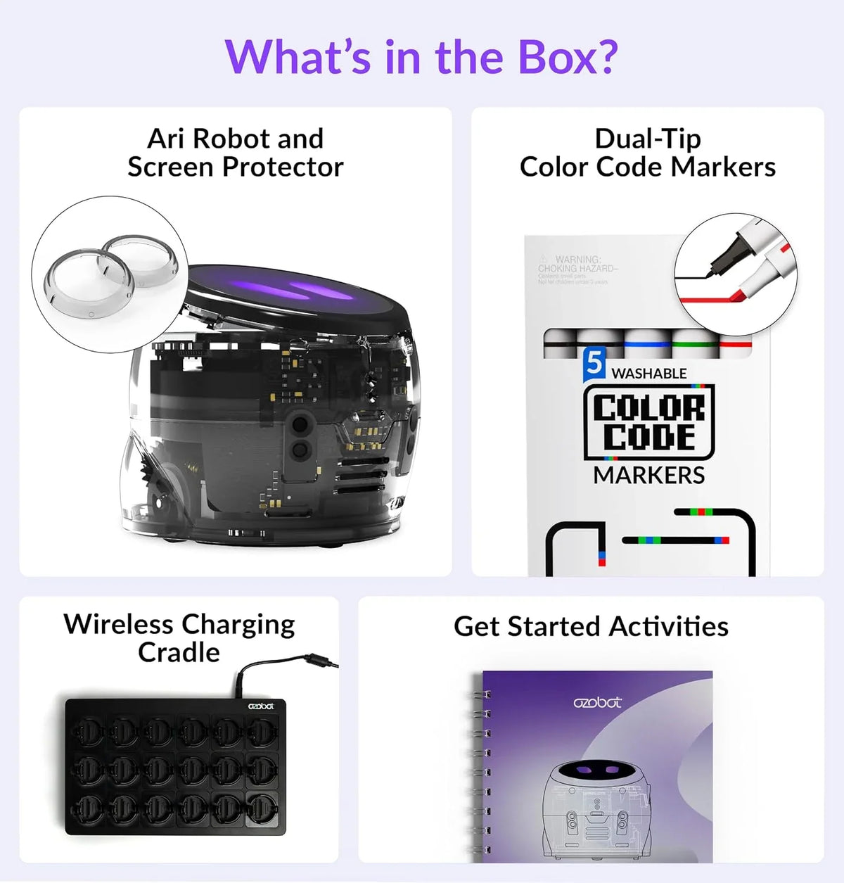 Ozobot's What's in the Box card for Ari: the robot and its screen protector, a box of five washable dual-tip Color Code markers, a wireless charging cradle, and a spiral-bound Get Started activities book.