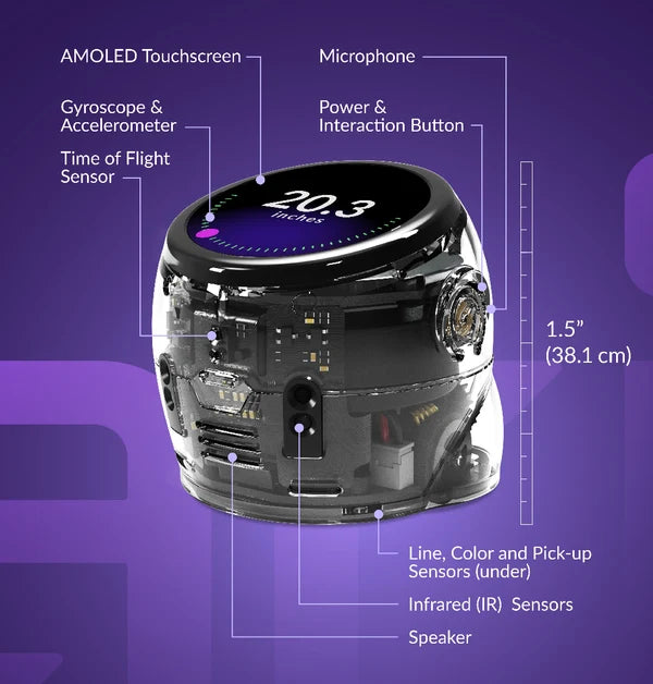 A labelled diagram of the Ari robot: an AMOLED touchscreen and microphone on top, a power and interaction button, a gyroscope and accelerometer, a time-of-flight sensor, infrared sensors and a speaker, with line, color and pick-up sensors underneath. The robot is marked 1.5 inches tall.