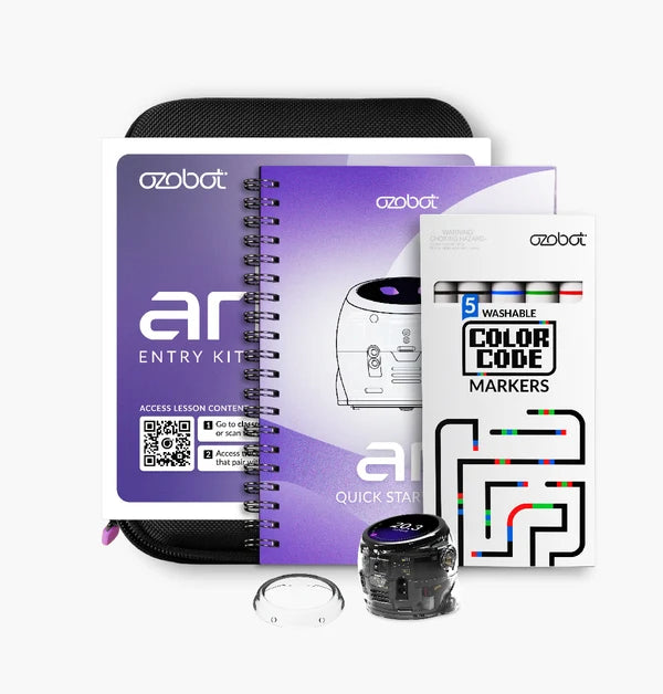 The Ari Entry Kit laid out on white: a black zip case, the printed entry kit folder and spiral quick start guide, a box of five washable Color Code markers, one Ari robot with its screen lit, and a clear screen bumper.