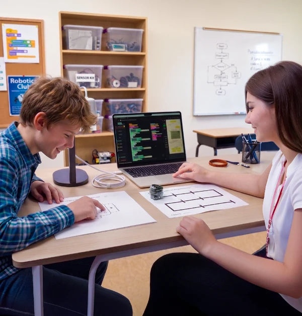 Two secondary school students at a desk in a robotics club room. One is drawing on a worksheet, the other is working at a laptop running Ozobot Blockly, and an Ari robot sits on a printed circuit path between them.