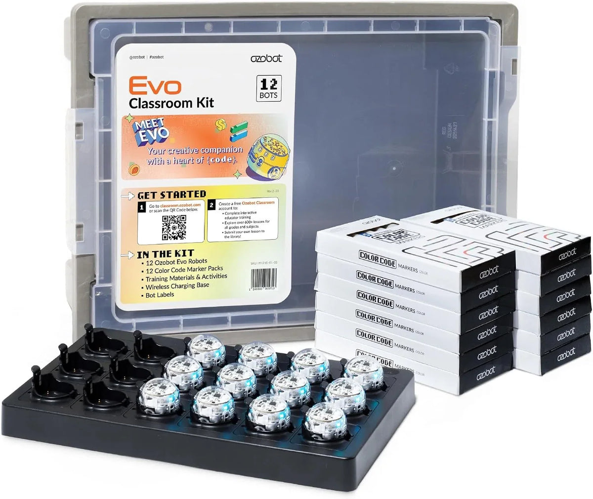 The Evo Classroom Kit for twelve: a clear lidded storage tub printed with the kit contents, twelve Evo robots lit blue in a black wireless charging base, and twelve boxes of Color Code markers stacked alongside.