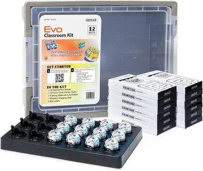 The Evo Classroom Kit for twelve: a clear lidded storage tub printed with the kit contents, twelve Evo robots lit blue in a black wireless charging base, and twelve boxes of Color Code markers stacked alongside.