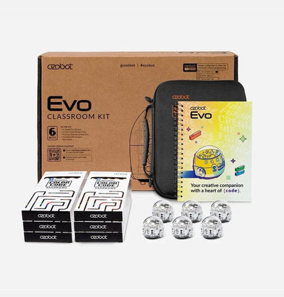 The Evo Classroom Kit for six: the shipping carton standing behind a black zip case, the Meet Evo spiral guide, six boxes of Color Code markers and six clear Evo robots.
