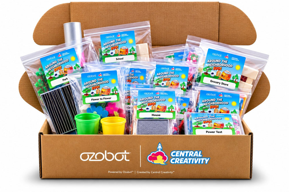 The Around the Neighborhood student kit, box open on a white background: labeled activity bags for Park, School, House, Grocery Store, Flower to Flower and Power Test, packed around a solar panel, two pots of modeling dough, felt flowers and wooden building pieces. The front of the box is printed Ozobot and Central Creativity.