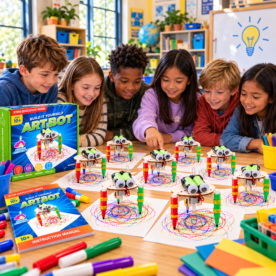 Six children leaning over a classroom table where nine assembled Art Bots each scribble loops onto their own sheet of paper, the kit box and instruction manual beside them.