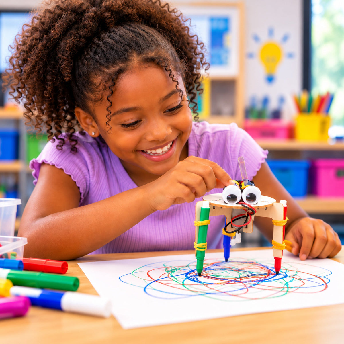 A girl at a classroom table reaching out to her Art Bot as it scribbles blue and red loops across a sheet of paper.