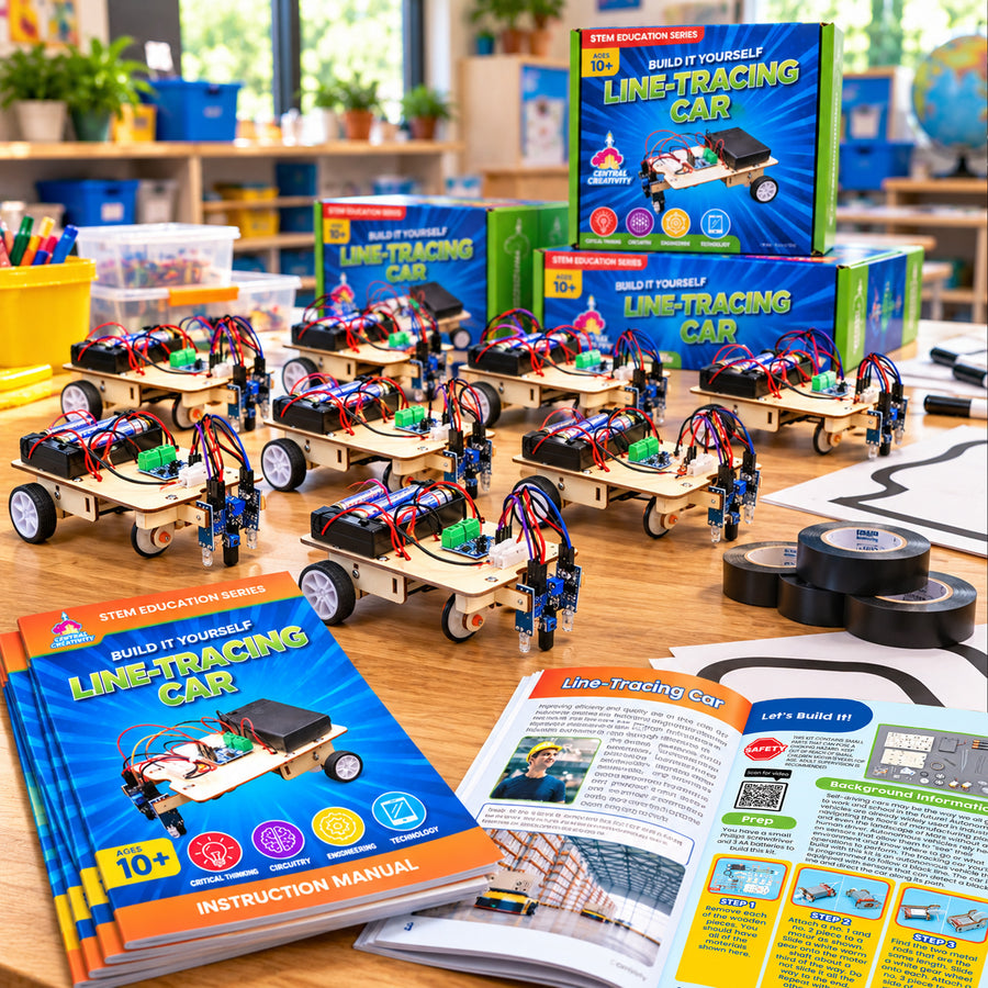 A class pack of Line Tracing Cars being run by a group of students.