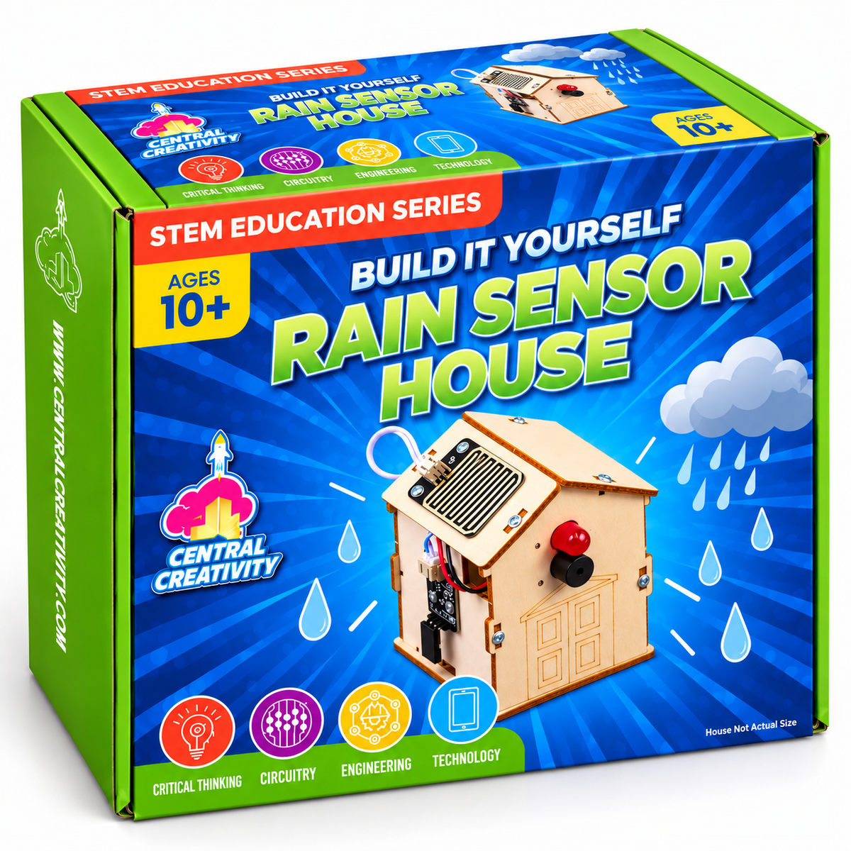 The Rain Sensor House retail box in green and blue with rain clouds, marked Build It Yourself, Ages 10+ and STEM Education Series.