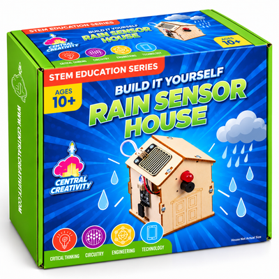 The Rain Sensor House retail box in green and blue with rain clouds, marked Build It Yourself, Ages 10+ and STEM Education Series.
