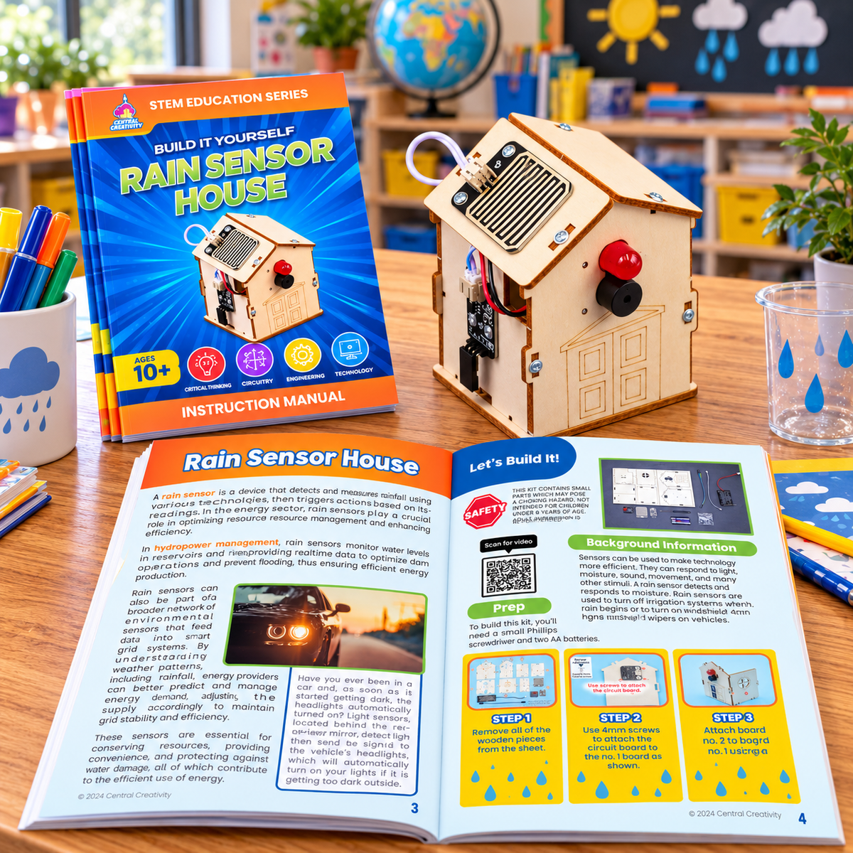 The Rain Sensor House kit on a classroom desk with its instruction manual open beside the finished wooden house.