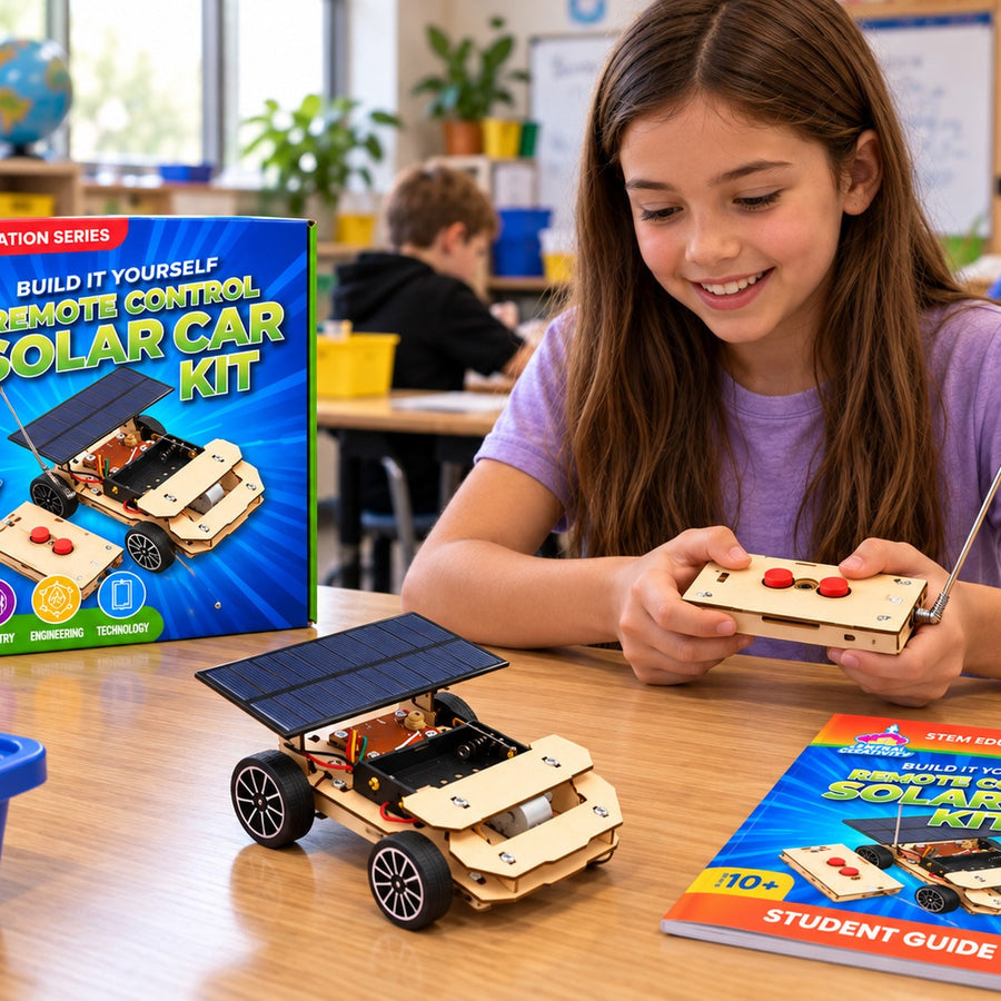 A girl at a classroom desk working the wooden remote while the finished solar car sits in front of her, with the kit box and the student guide on the table