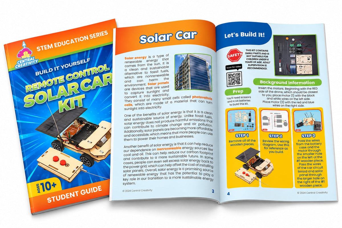 The Remote Control Solar Car student guide, its cover beside the open spread showing the solar energy page and the first three build steps