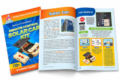 The Remote Control Solar Car student guide, its cover beside the open spread showing the solar energy page and the first three build steps