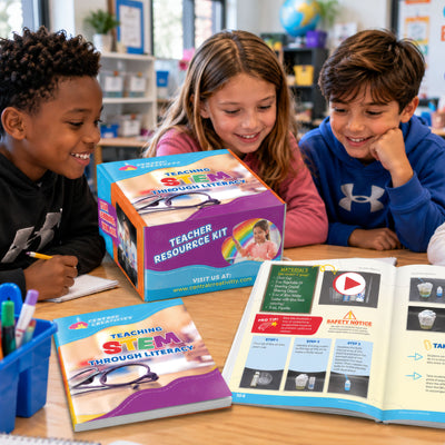 Three elementary students lean over a classroom table around the Teaching STEM Through Literacy Teacher Resource Kit box, with the teacher guide closed beside it and a second copy open to an illustrated activity spread.