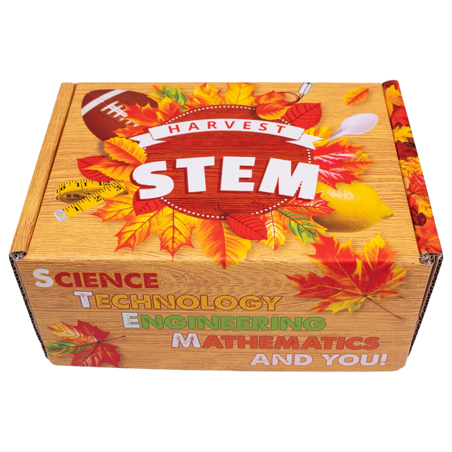 The Harvest STEM kit box, closed, printed with autumn leaves, a football, a lemon and a tape measure. The side reads Science, Technology, Engineering, Mathematics and You.