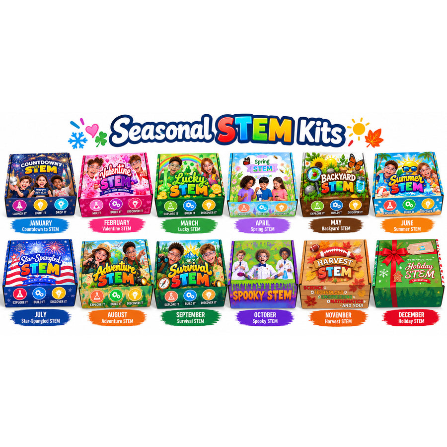 All twelve Seasonal STEM kit boxes in two rows, labeled January Countdown to STEM through December Holiday STEM.