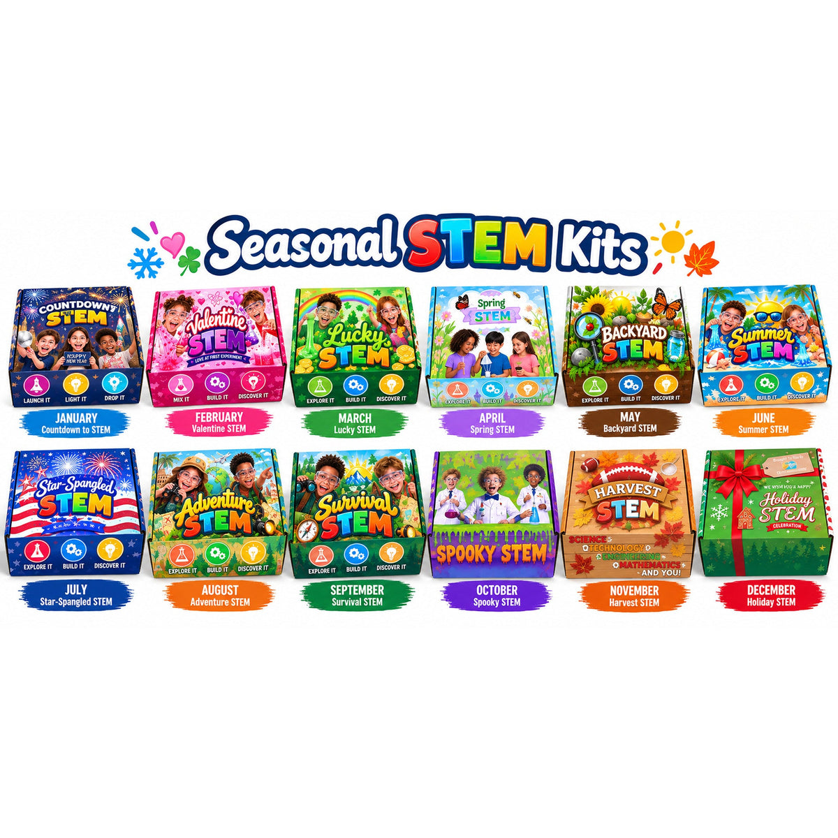 All twelve Seasonal STEM kit boxes in two rows, labeled January Countdown to STEM through December Holiday STEM.