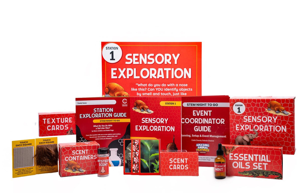 Station 1 Sensory Exploration kit laid out: station sign, Station Exploration Guide, Event Coordinator Guide, texture cards, scent cards, scent containers and essential oils set