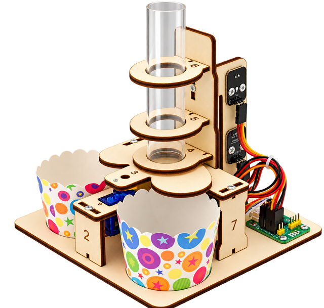 The assembled Sorting Machine: a laser-cut wooden frame with a clear drop tube, an infrared sensor module, a servo arm and two paper cups