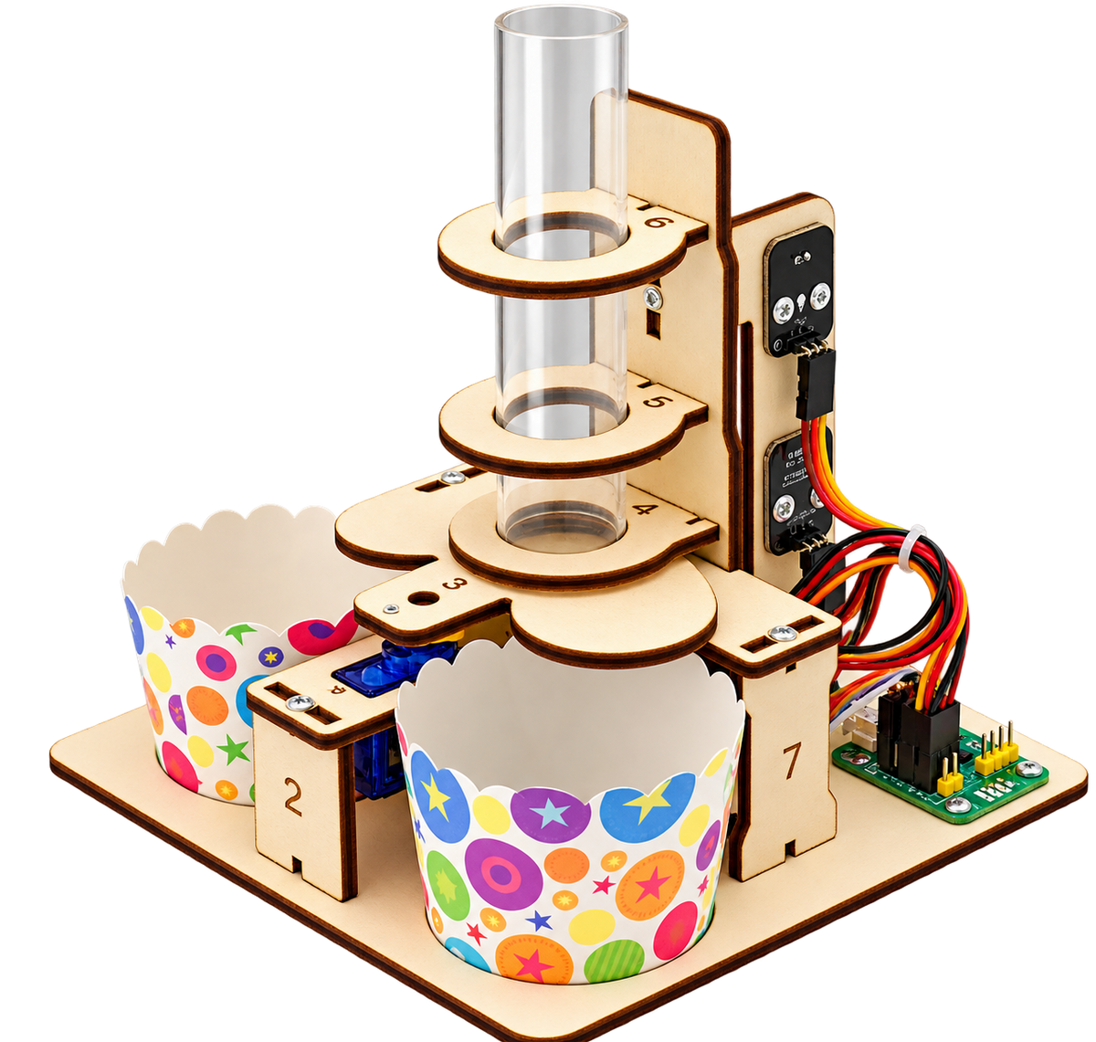 The assembled Sorting Machine: a laser-cut wooden frame with a clear drop tube, an infrared sensor module, a servo arm and two paper cups