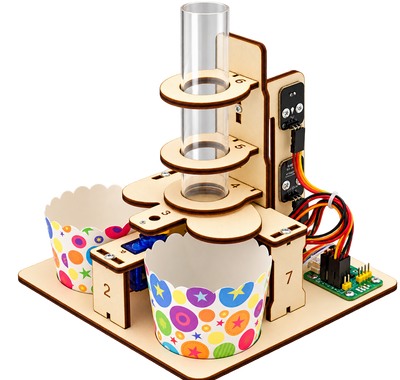 The assembled Sorting Machine: a laser-cut wooden frame with a clear drop tube, an infrared sensor module, a servo arm and two paper cups