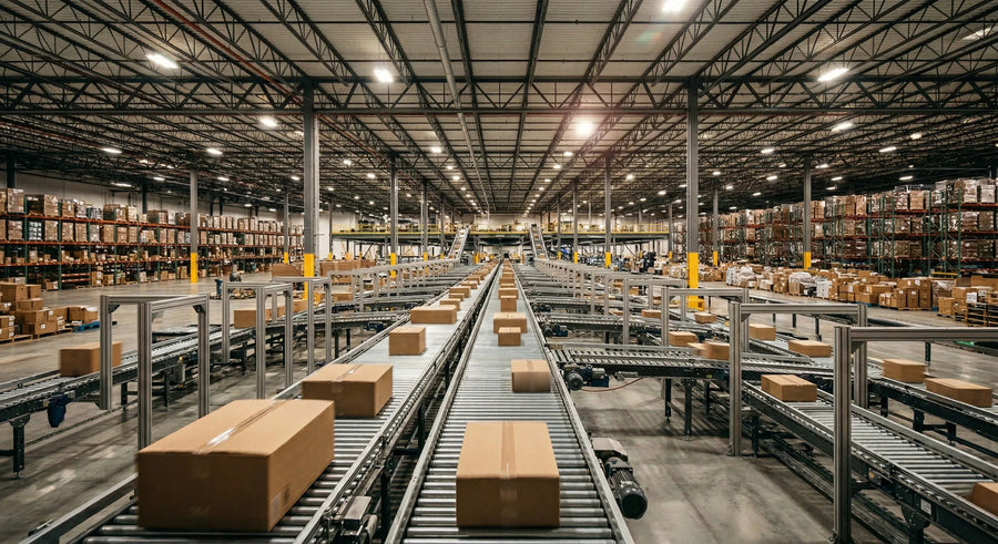 A warehouse sortation floor: cardboard boxes riding roller conveyors that branch away to either side, under rows of racking