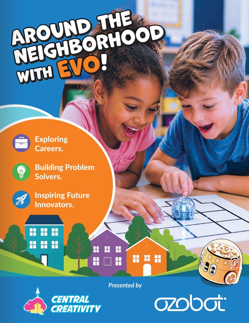 The cover of the Around the Neighborhood with EVO report, produced with Ozobot, showing two students following a robot across a printed street grid.