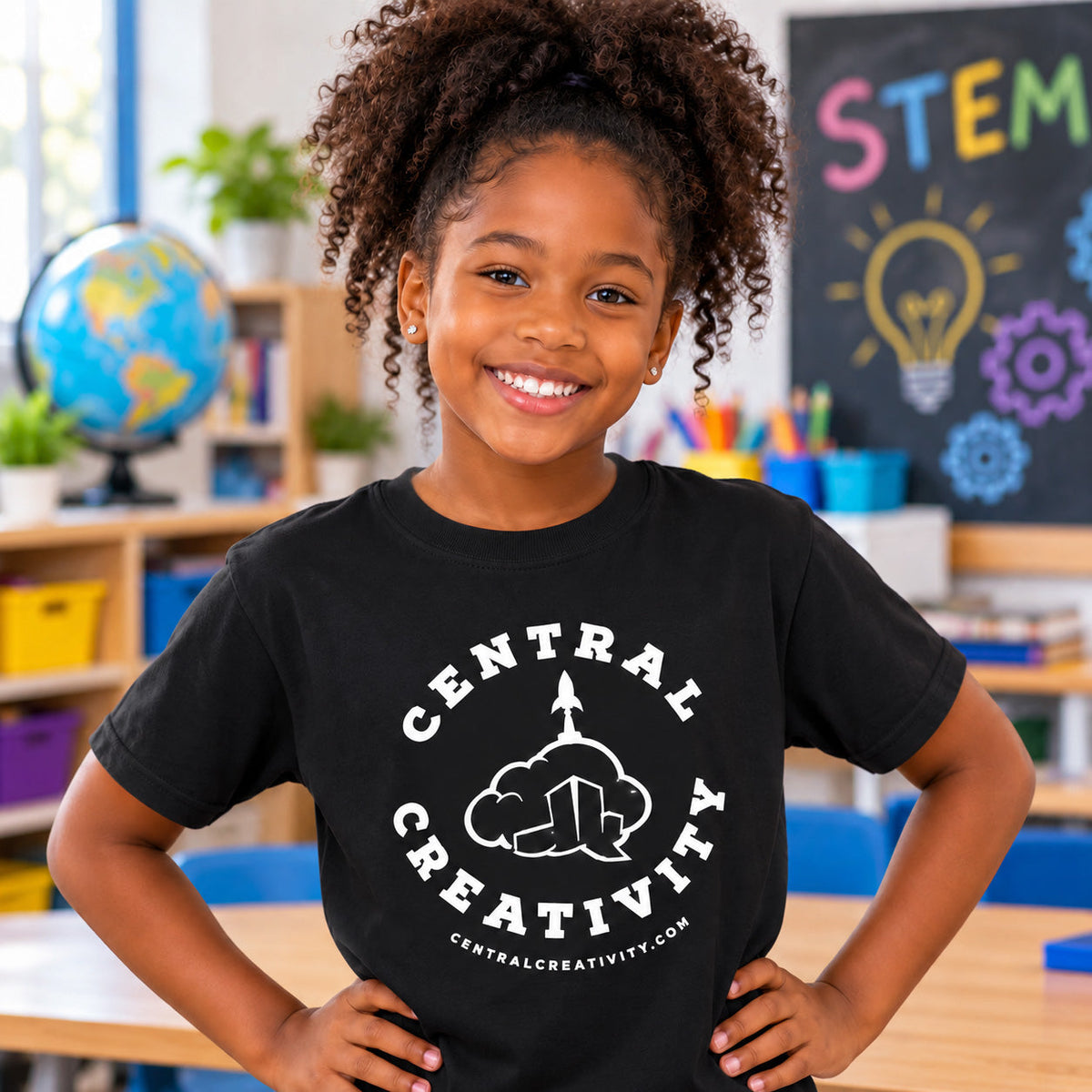 A girl in a black Central Creativity t-shirt, hands on her hips, in front of a chalkboard decorated with STEM lettering, a lightbulb and gears.
