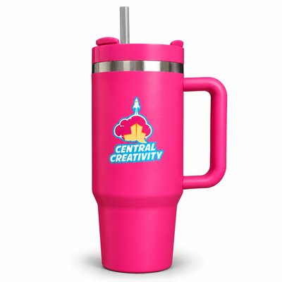 Pink Central Creativity 40 oz insulated tumbler with handle and straw