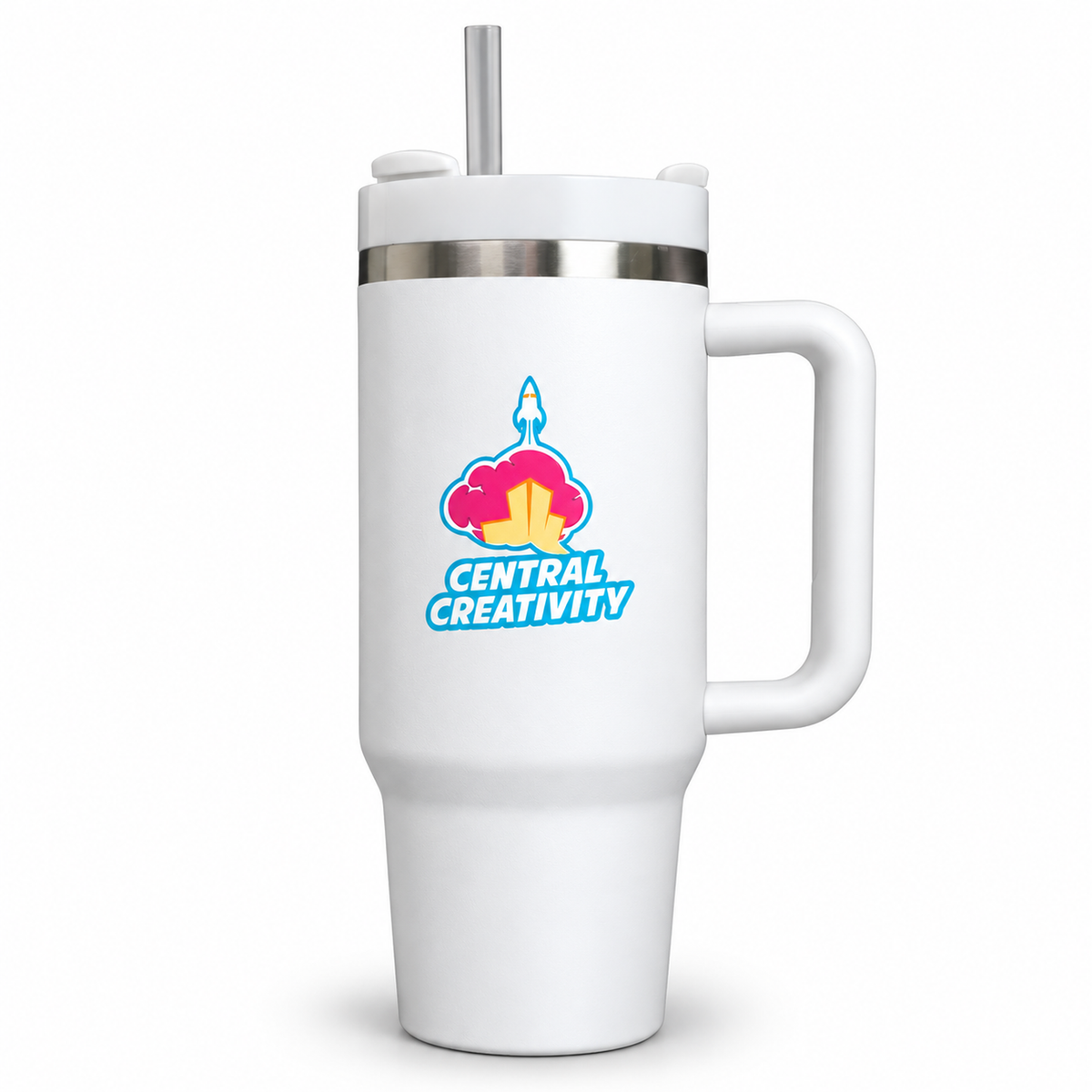 White Central Creativity 40 oz insulated tumbler with handle and straw