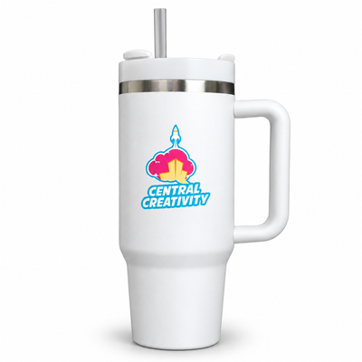 White Central Creativity 40 oz insulated tumbler with handle and straw