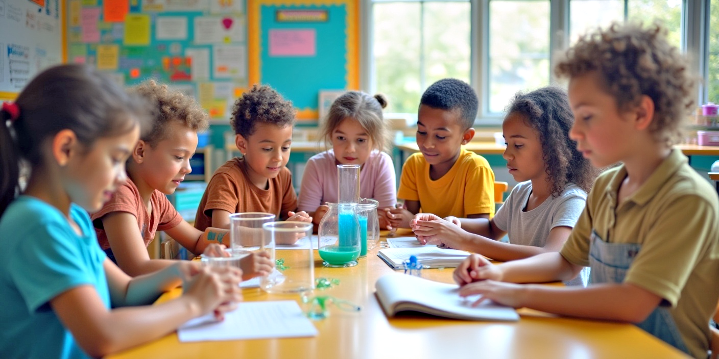Children sitting at a table in a classroom setting, engaged in learning activities.