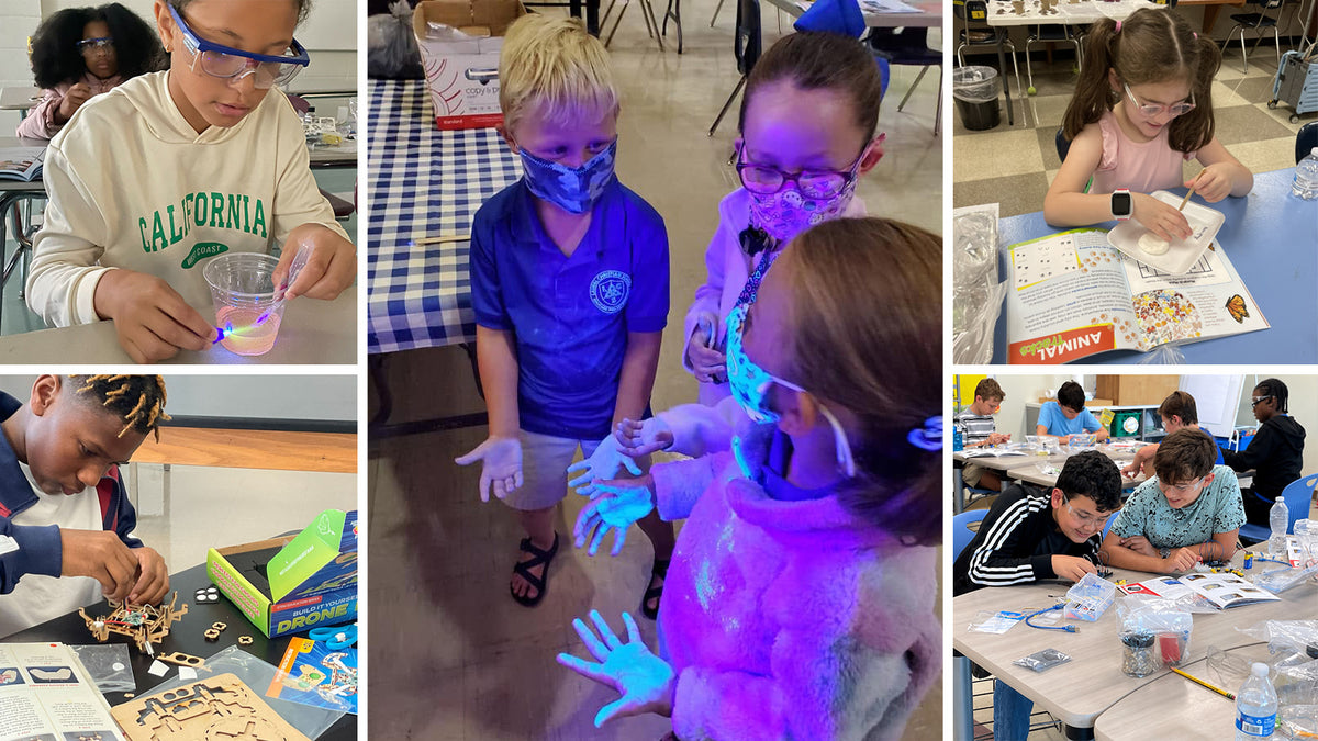 Seven photographs of students in a STEM elective: building circuits at their desks, tracing a drawn circuit path on a large sheet of paper, and assembling cardboard projects