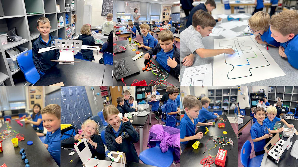 Seven photographs of students in a STEM elective: building circuits at their desks, tracing a drawn circuit path on a large sheet of paper, and assembling cardboard projects