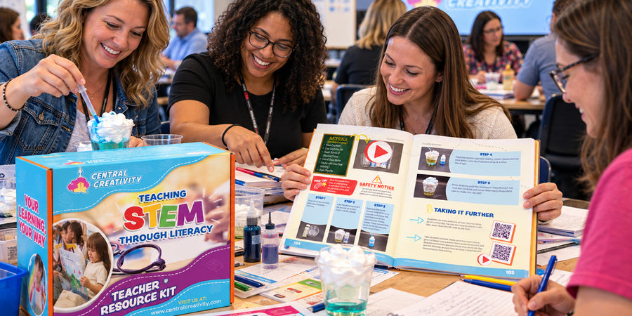 Teachers at a professional development session dropping blue water into a cup topped with shaving cream to make a rain cloud, with the Teaching STEM Through Literacy Teacher Resource Kit box and the open guide on the table in front of them